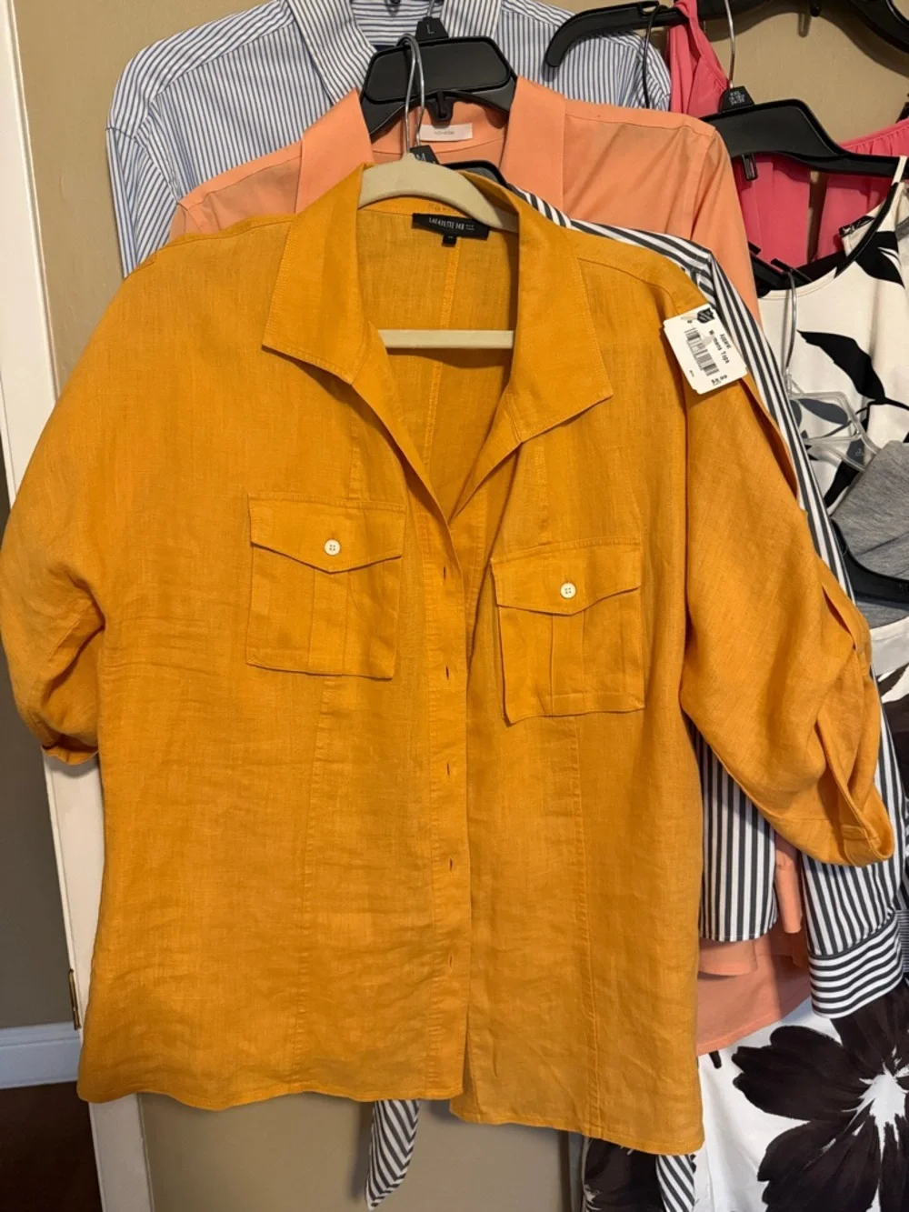 Lafayette 148 New York 100%Linen Button Front Shirt Orange Size 12 Relaxed Fit - Picture 5 of 17